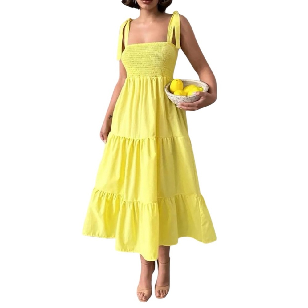 For the Republic Lemon Yellow Tie-Shoulder Smocked Cotton Midi Dress S/M NWT